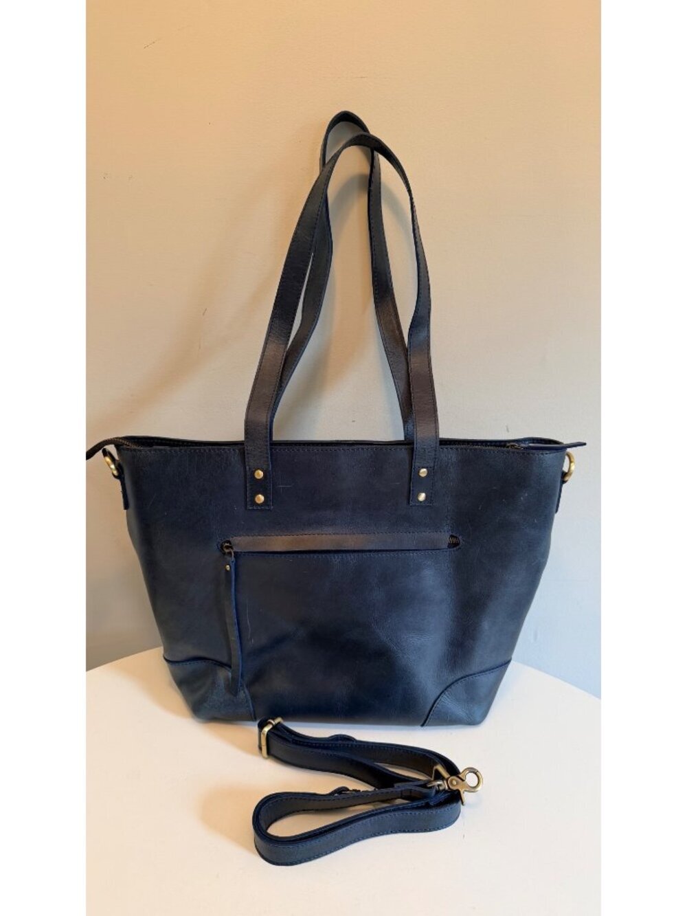 Leather Tote Bag Removable Strap Navy Blue Spacious Interior Zippered Pockets